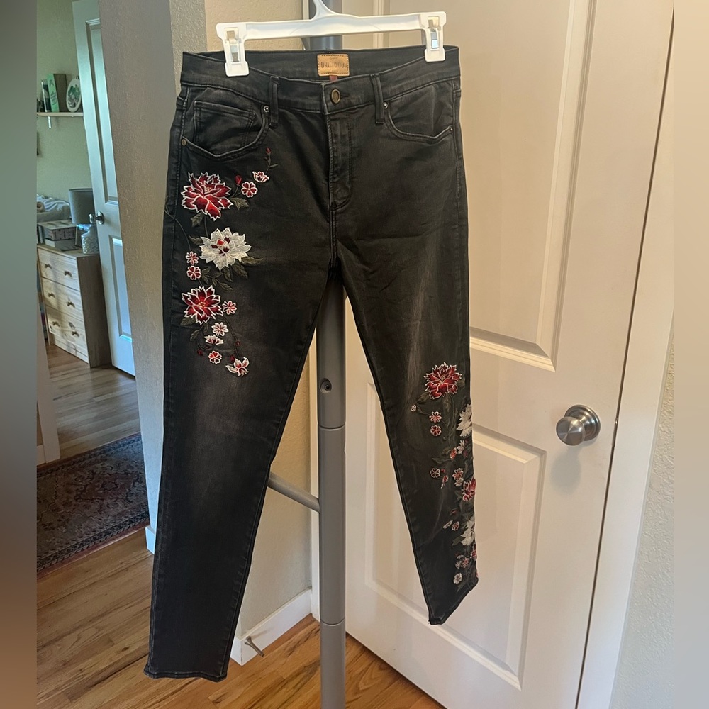DRIFTWOOD Black Straight Leg Jeans with Floral Embroidery